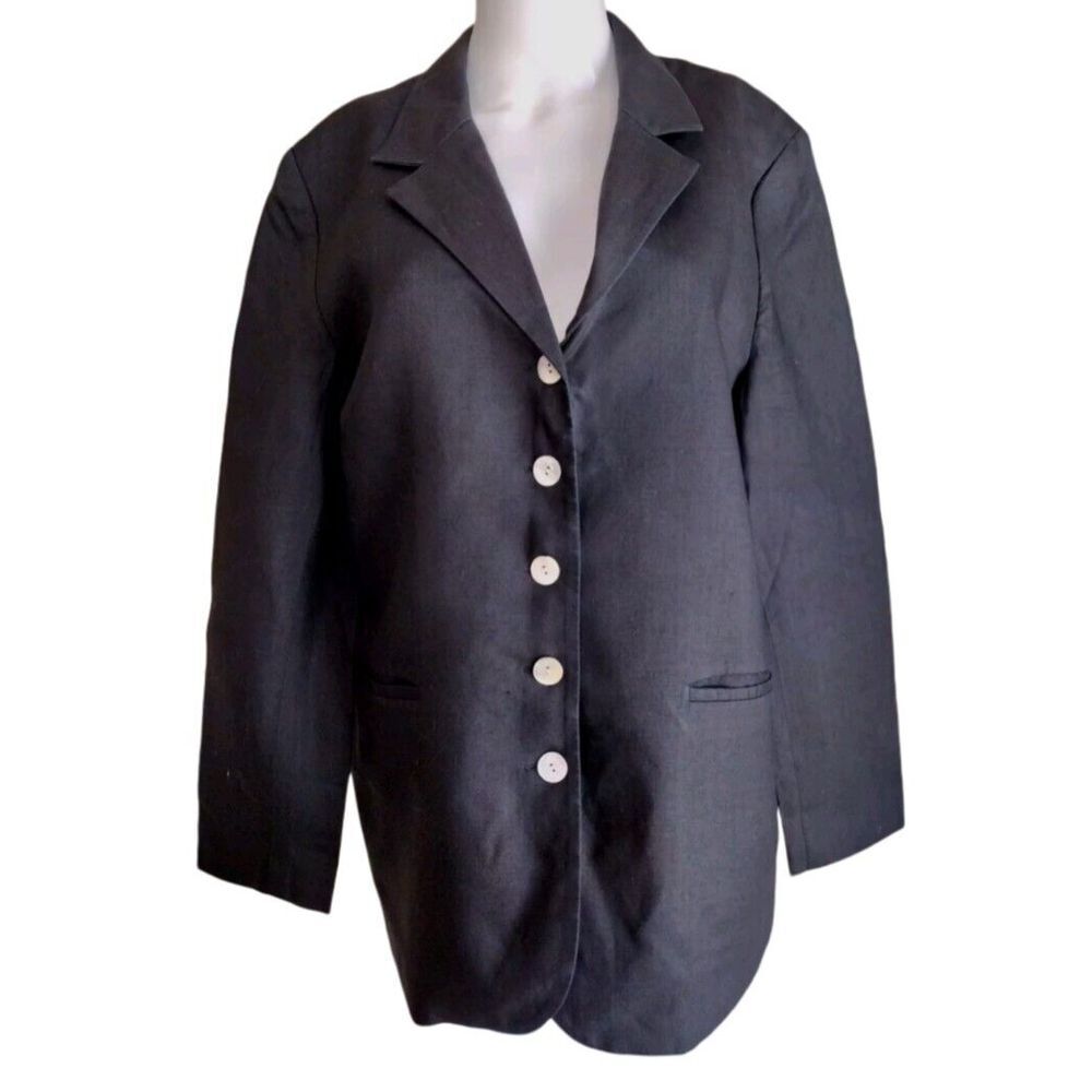 Rafaella Blazer Women 10 Black 100 % Linen Jacket Lined 5 Button Business Office